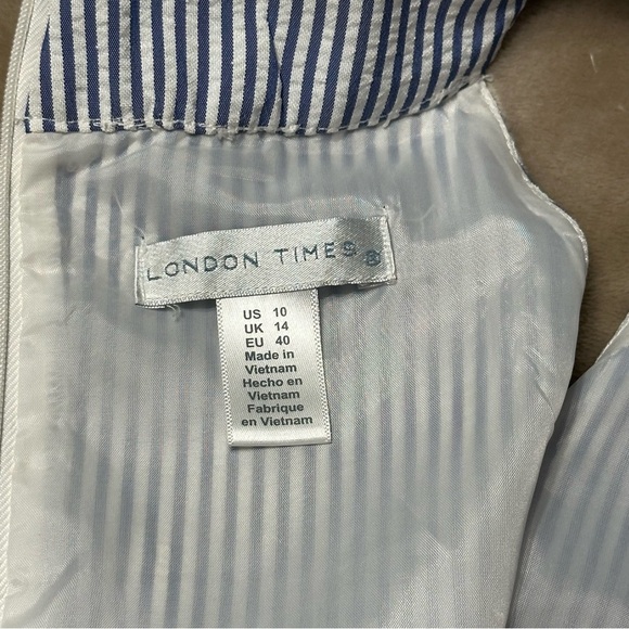 London Times Seersucker Racerback Sundress Blue White Stripes Crochet Size 10 - Picture 6 of 12